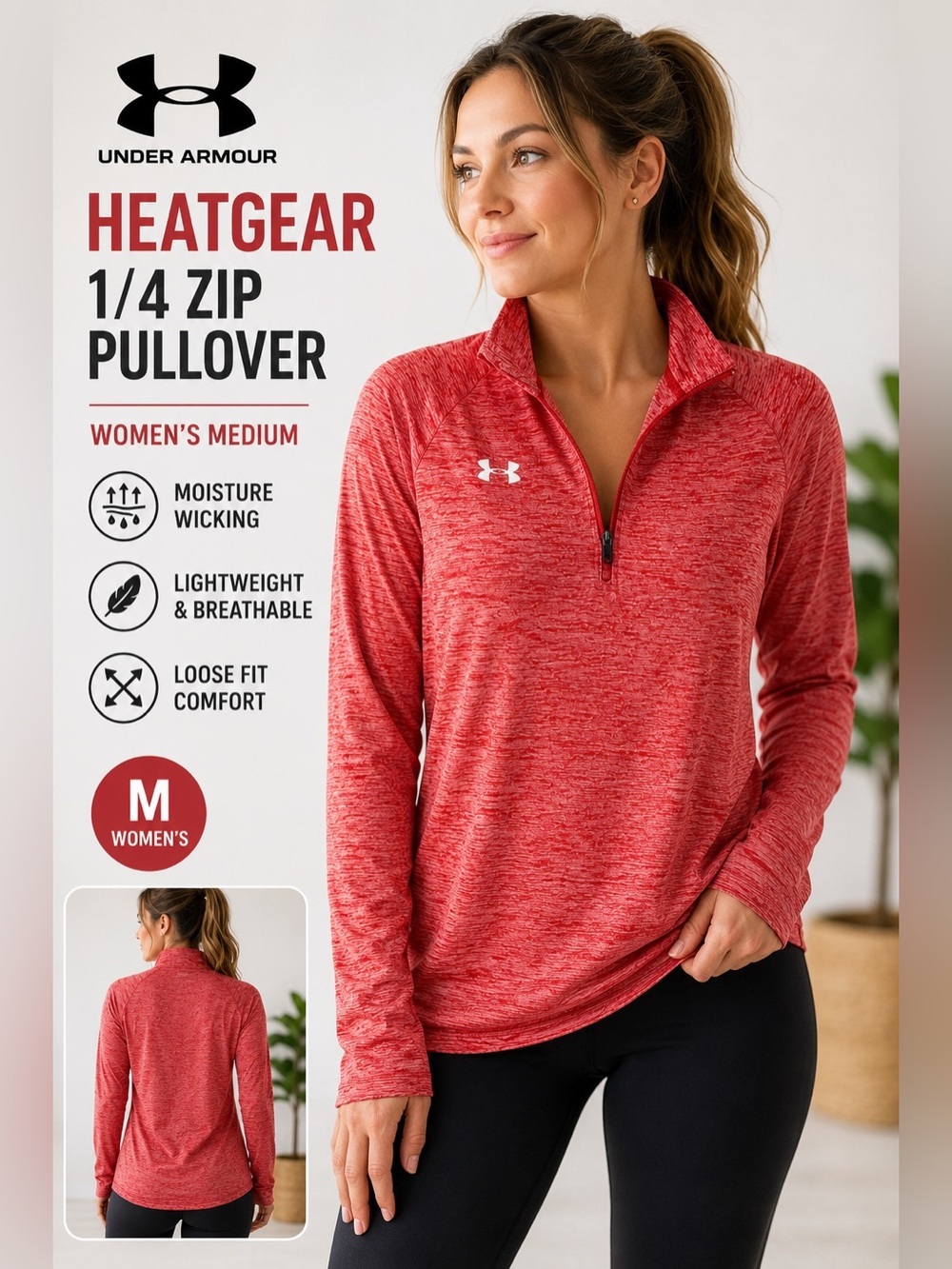 Under Armour HeatGear 1/4 Zip Pullover Women’s Medium Red Heather Loose Athletic